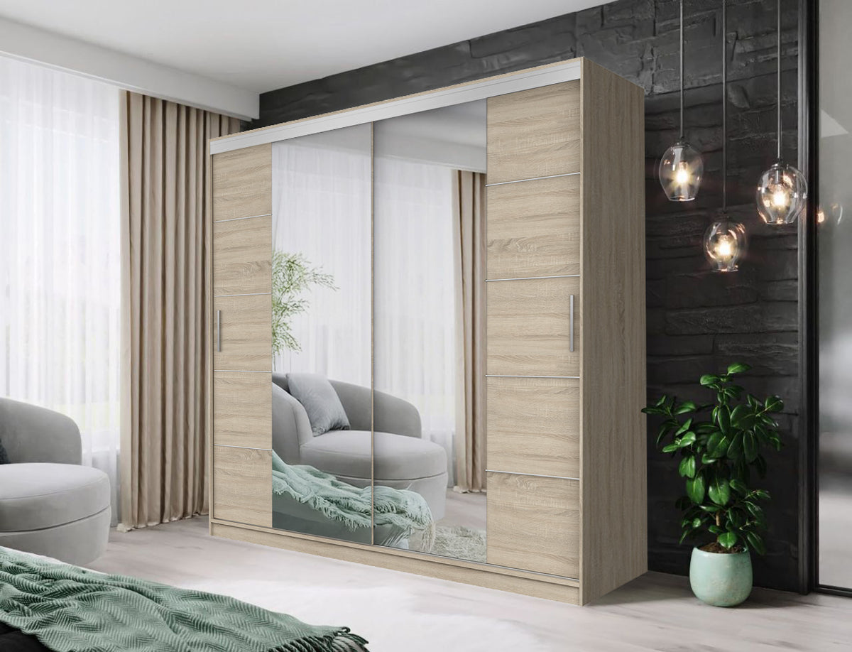 Modern Sliding Door Mirrored Wardrobe White Black Grey Oak 150 180 203 250cm
