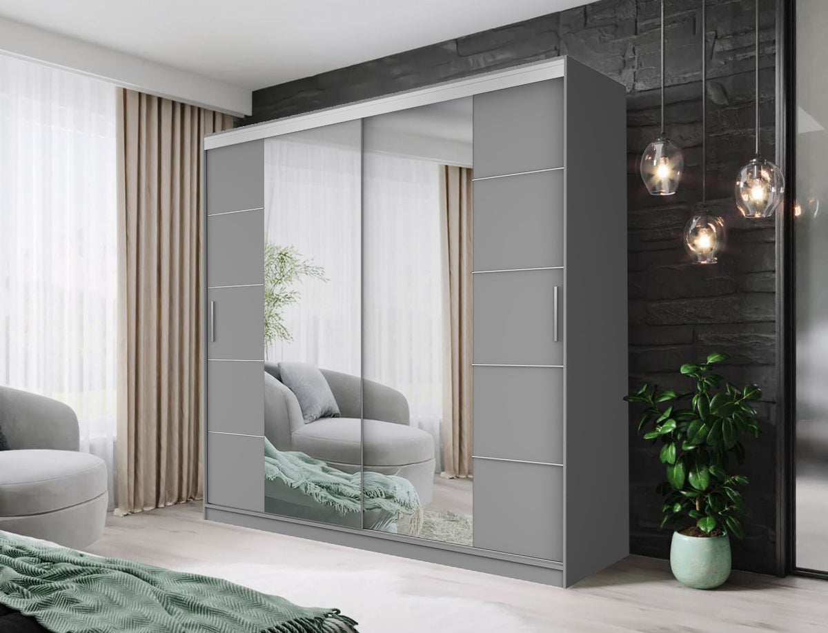 Modern Sliding Door Mirrored Wardrobe White Black Grey Oak 150 180 203 250cm