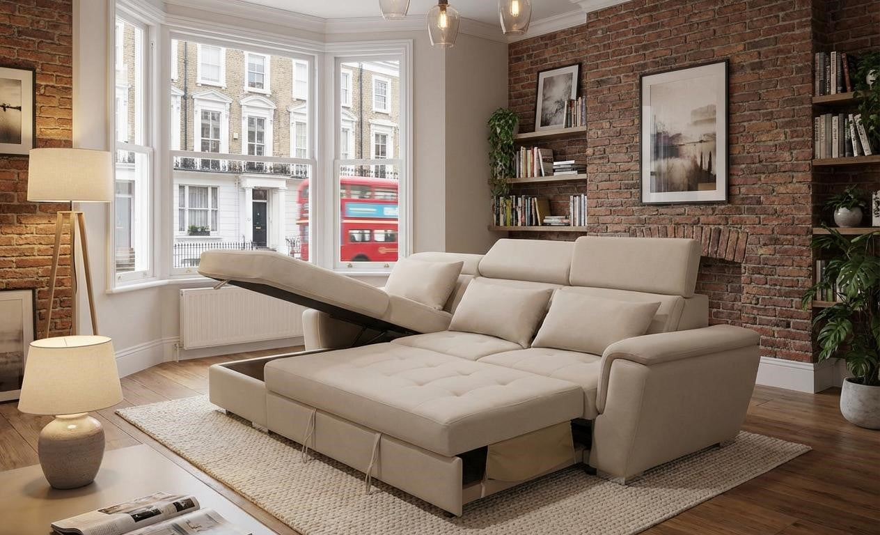 Jazzo Modern Reversible L-Shape Corner Sofa Bed Left hand and Right hand with USB Port – Grey, Black or Beige Pull-Out Sleeper Couch with Smooth Conversion