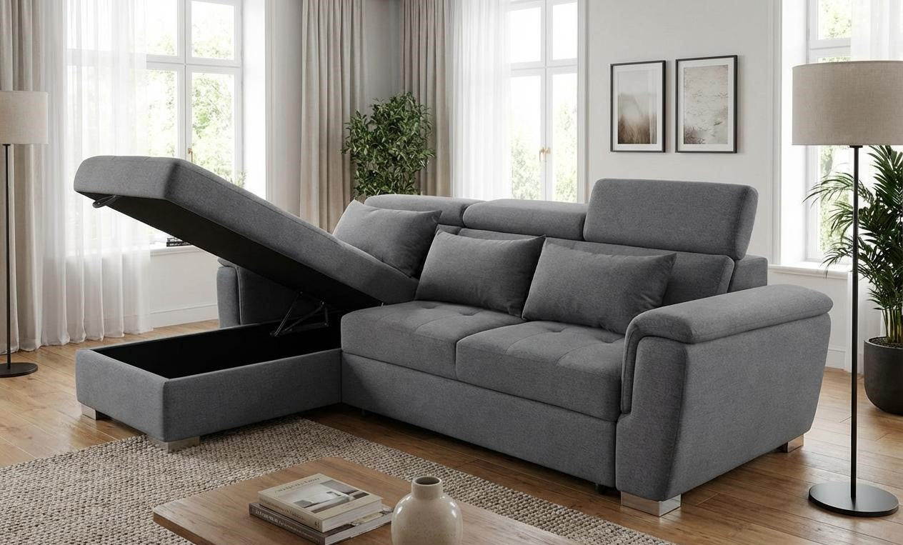 Jazzo Modern Reversible L-Shape Corner Sofa Bed Left hand and Right hand with USB Port – Grey, Black or Beige Pull-Out Sleeper Couch with Smooth Conversion