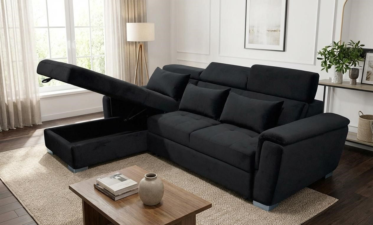 Jazzo Modern Reversible L-Shape Corner Sofa Bed Left hand and Right hand with USB Port – Grey, Black or Beige Pull-Out Sleeper Couch with Smooth Conversion