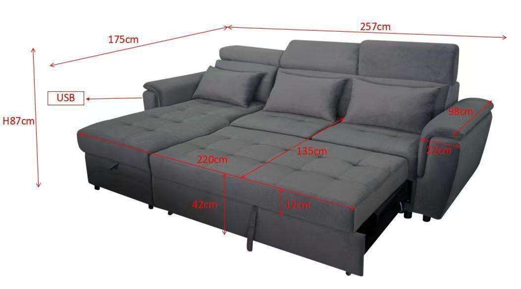 Jazzo Modern Reversible L-Shape Corner Sofa Bed Left hand and Right hand with USB Port – Grey, Black or Beige Pull-Out Sleeper Couch with Smooth Conversion